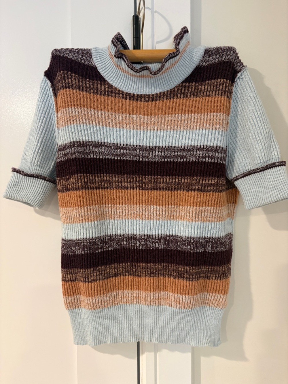 Free People Striped Mock-Ruffle Sweater in Light Blue, Rust & Brown Size XS